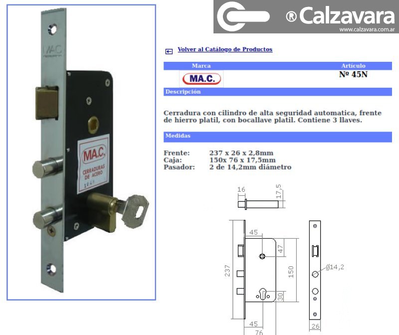 CERRADURA M.A.C. A45 AUTOM S/CILINDR