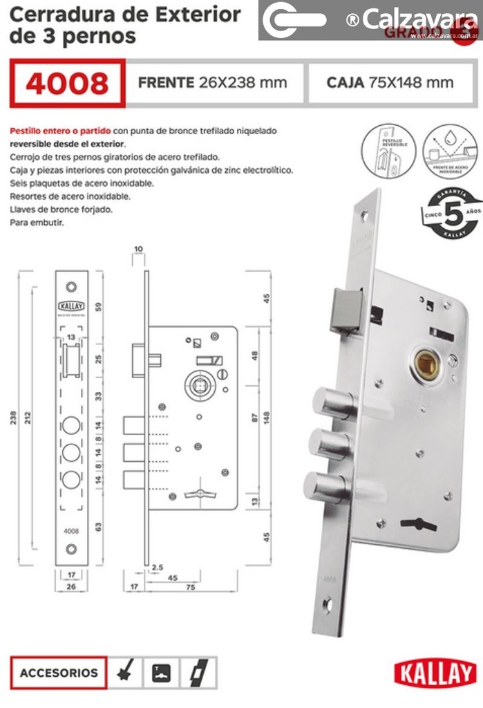 CERRADURA KALLAY 4008 3 PERNOS